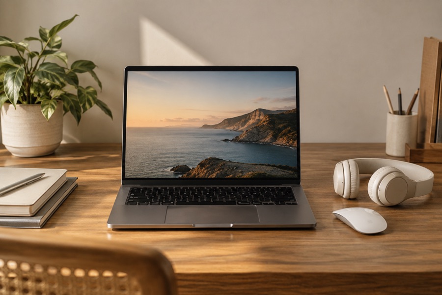 Computador portátil com rato e auscultadores