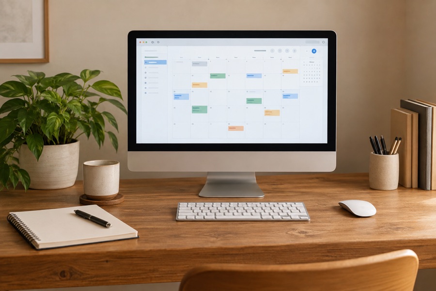 Secretária com monitor de organização de tarefas e caderno